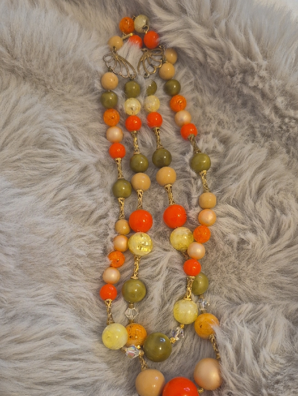 Vintage Multi-Strand Beaded Necklace - Olive, Orange & Cream W/ Crystals